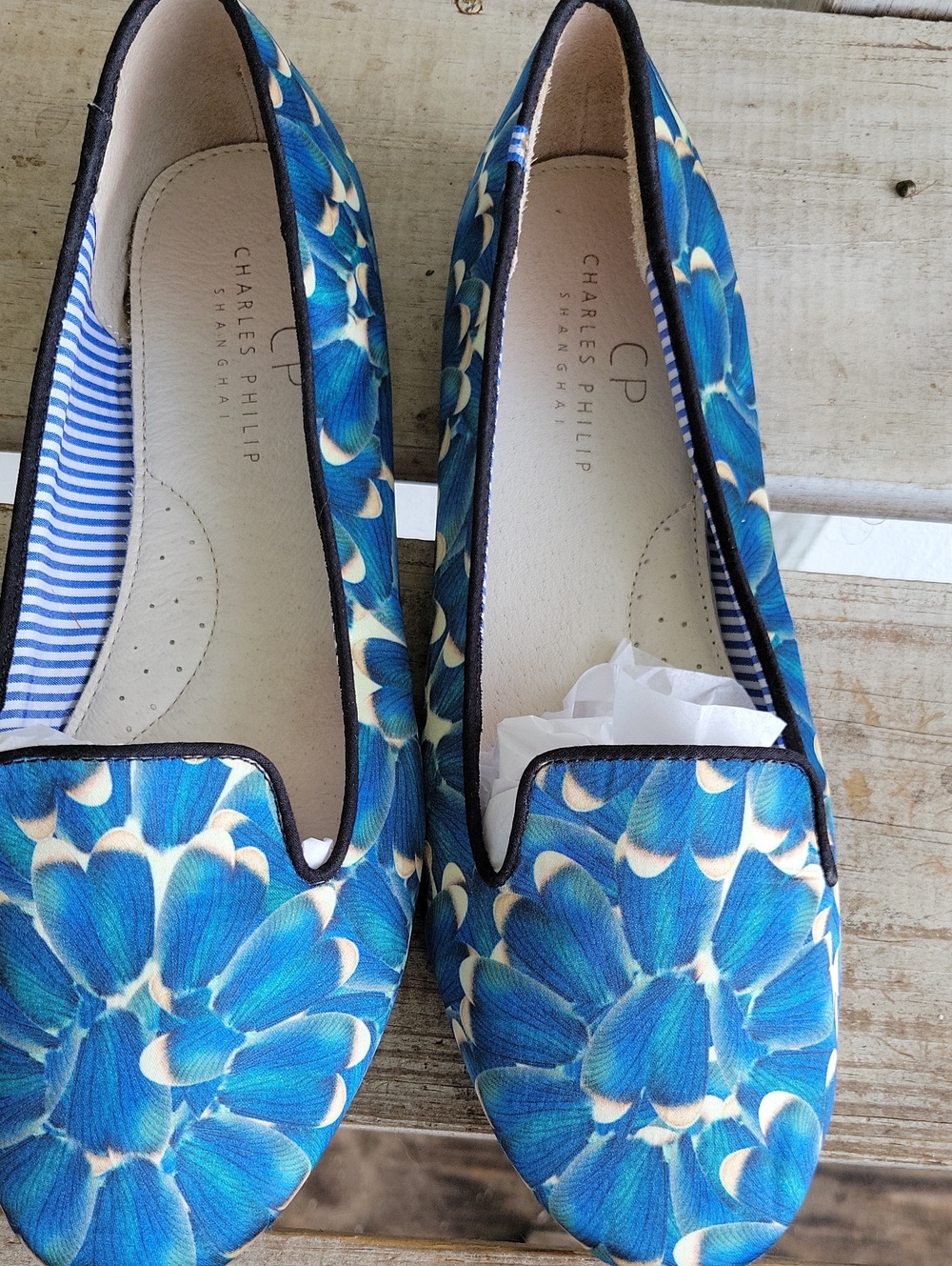 Charles Philip Floral Blue Slip-On Flats for Women